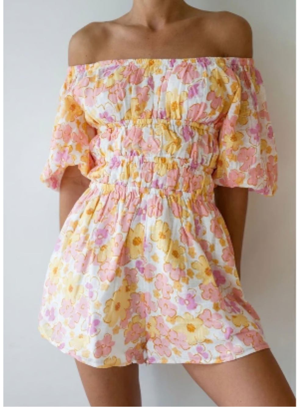 SABO SKIRT Floral Puff Sleeve Romper XS Pink Orange Cottagecore